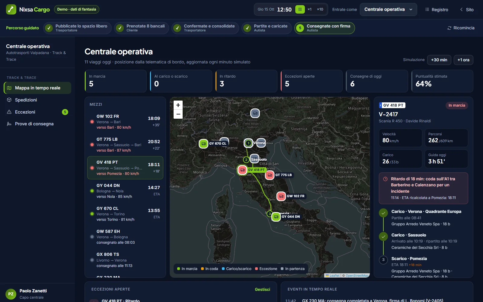 La centrale operativa di Nixsa Cargo: mezzi in movimento sulla mappa d'Italia, ritardi con ETA ricalcolata ed eccezioni aperte