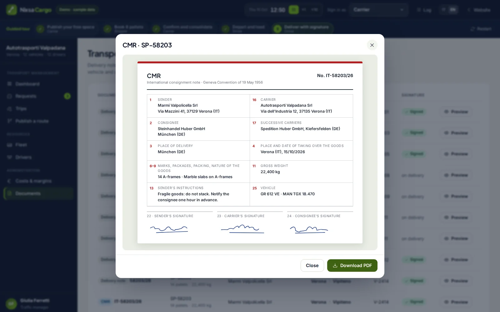 Preview of a completed CMR consignment note