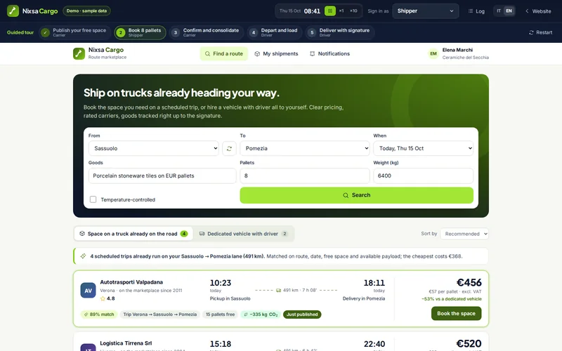 Route marketplace showing search results for Sassuolo to Pomezia