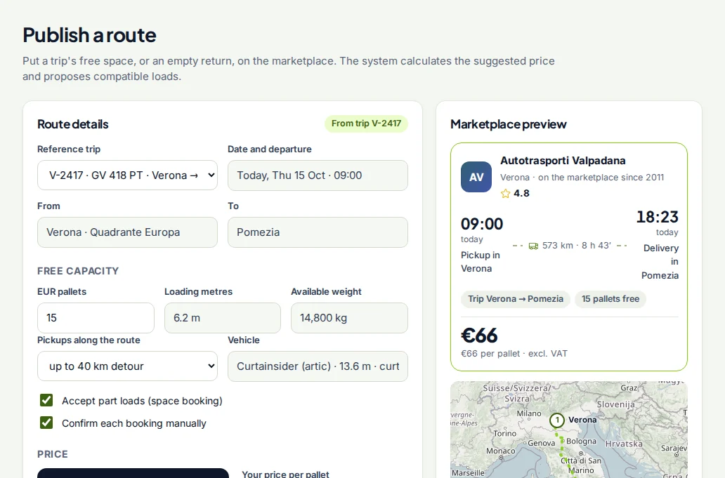 Publishing a route with spare capacity and a suggested price