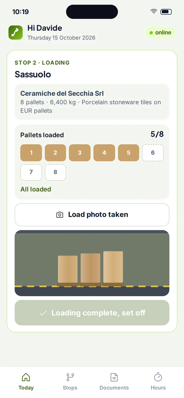 Loading in Sassuolo with pallet count and photo