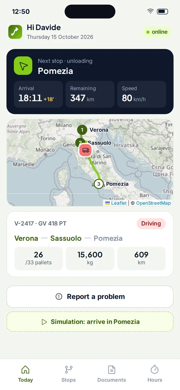 Driver app en route to Pomezia, with the arrival time recalculated after a traffic jam