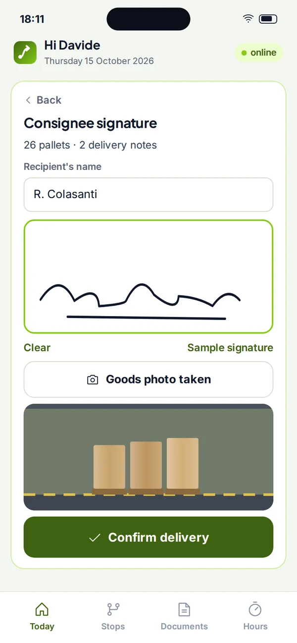Consignee signature on screen and photo of the goods