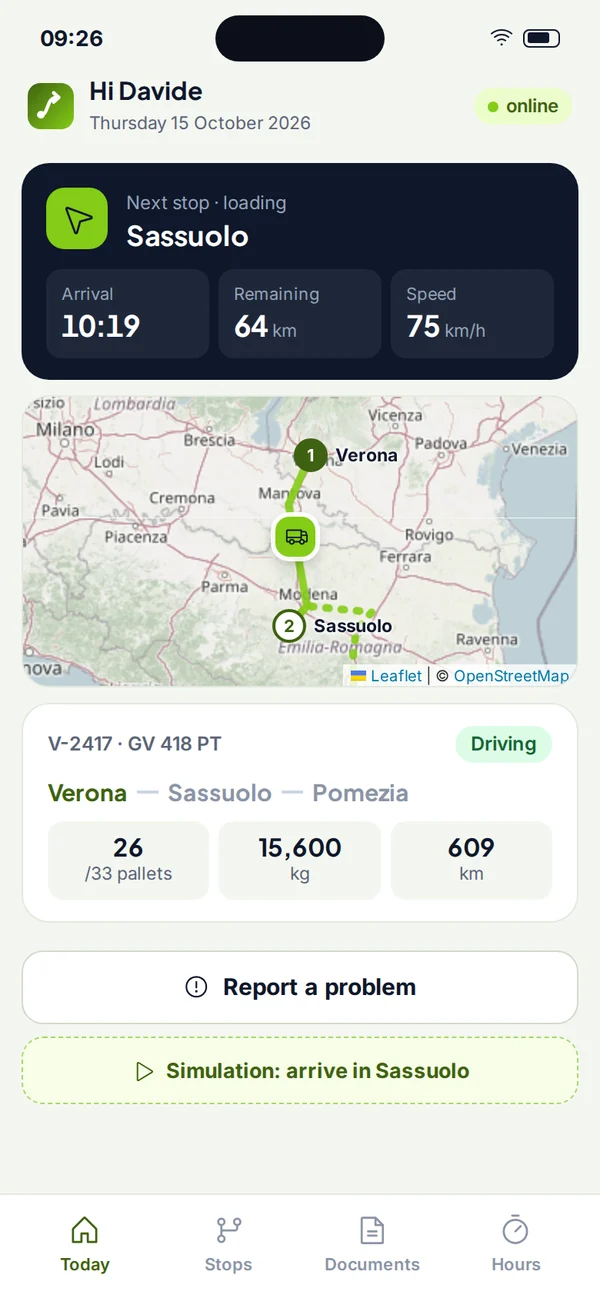 Navigation to the next stop with arrival time and distance