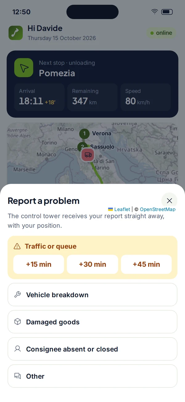 Reporting a problem: traffic, breakdown, damaged goods