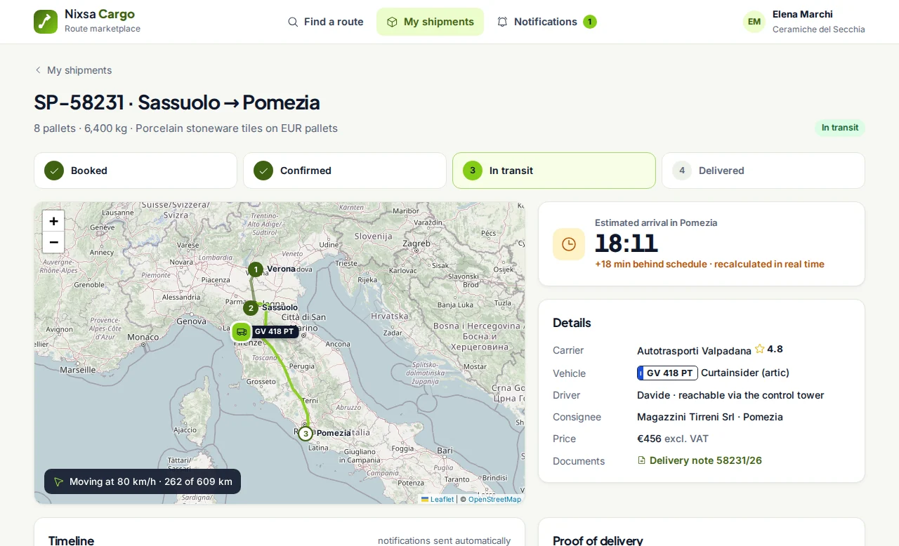 Tracking with a map, recalculated estimated arrival and a timeline of notifications
