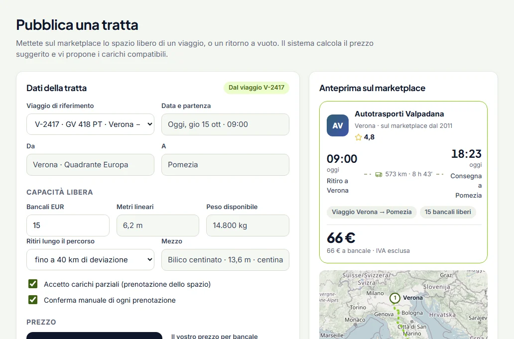 Pubblicazione di una tratta con capacità libera e prezzo suggerito
