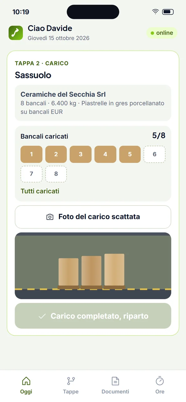 Carico a Sassuolo con la conta dei bancali e la foto