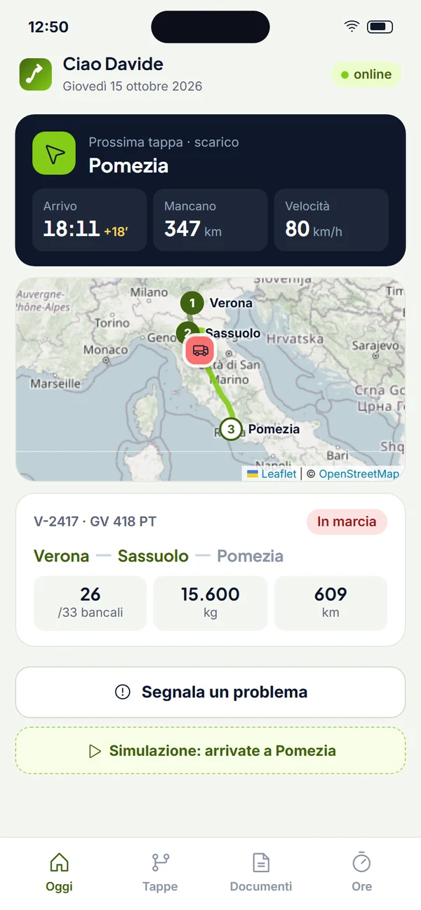 App dell'autista in viaggio verso Pomezia con l'arrivo ricalcolato dopo una coda