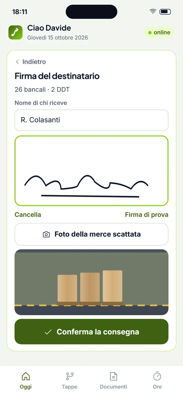 Firma del destinatario sullo schermo e foto della merce