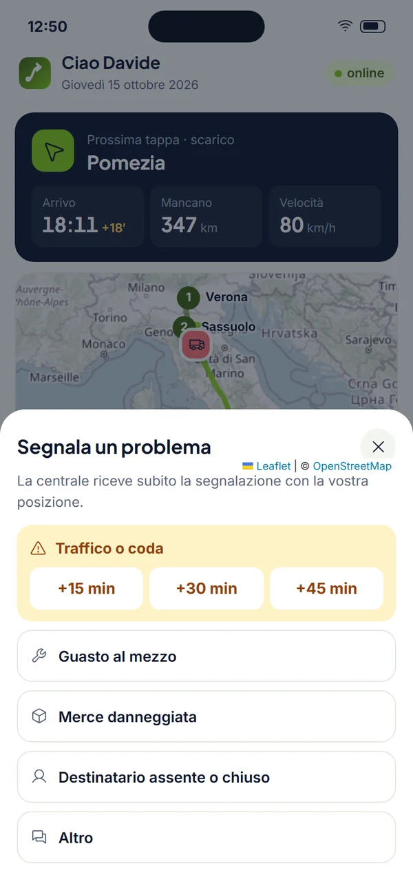 Segnalazione di un problema: traffico, guasto, merce danneggiata